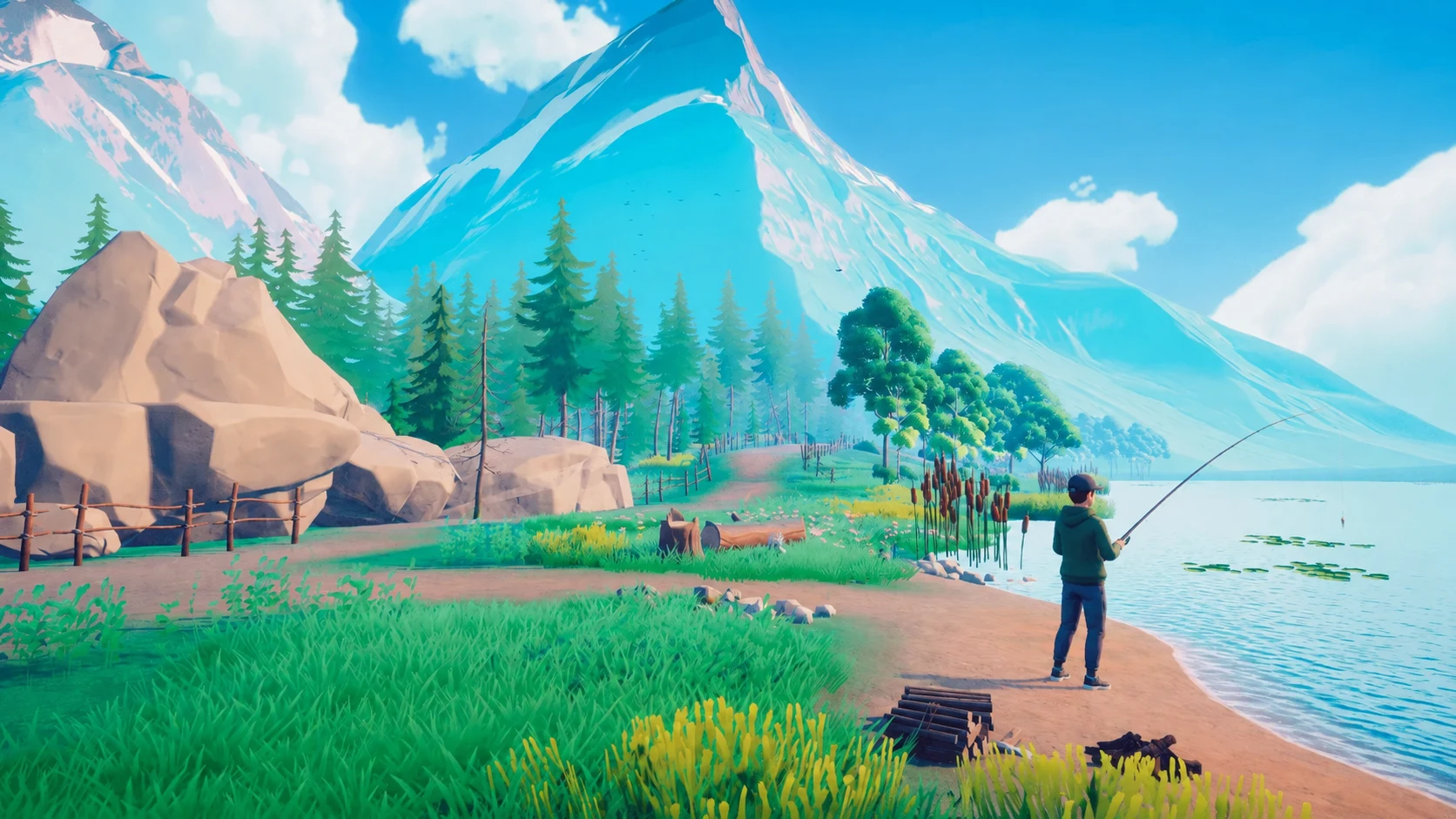 An angler casting into a calm mountain lake in the game Pinewater