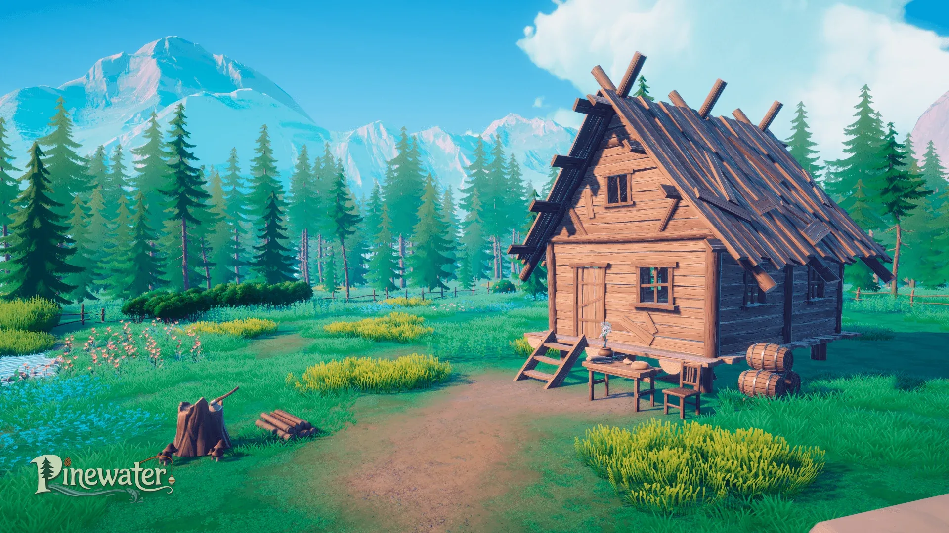 A cozy wooden cabin in a flowering mountain meadow