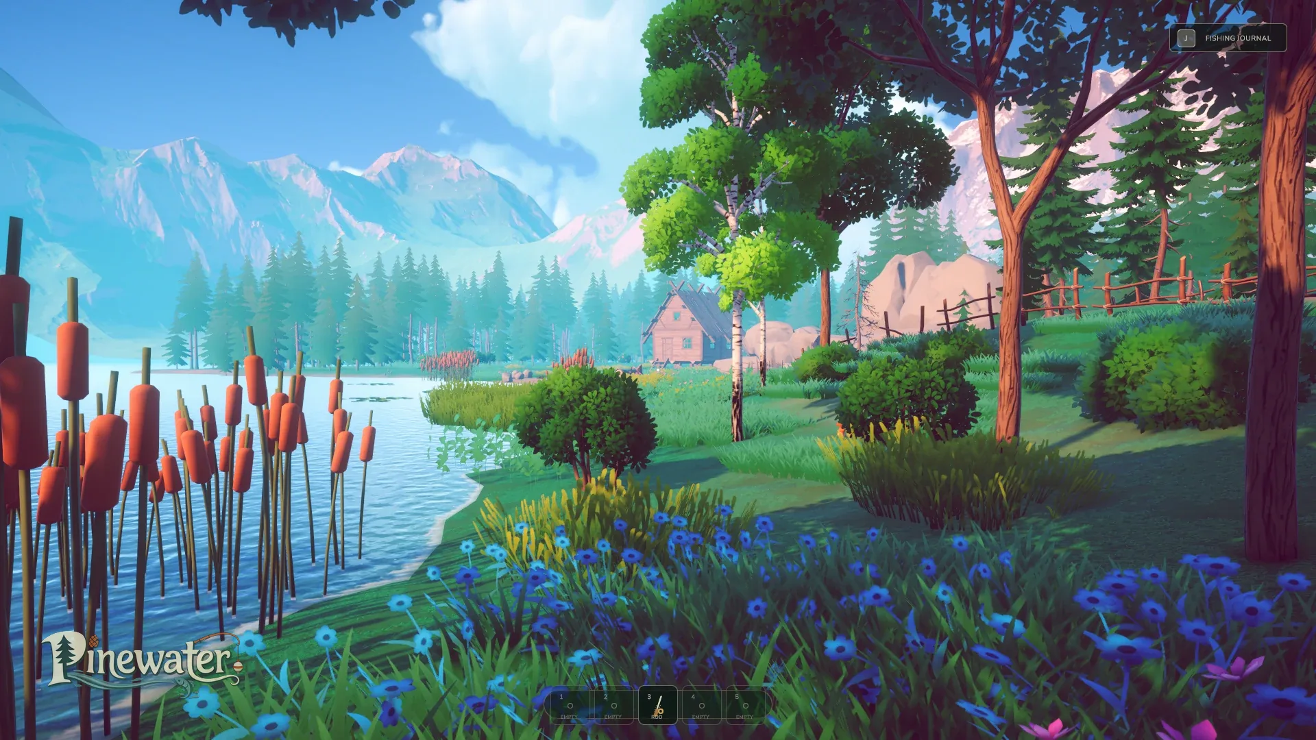 A lakeside dotted with cattails and blue wildflowers